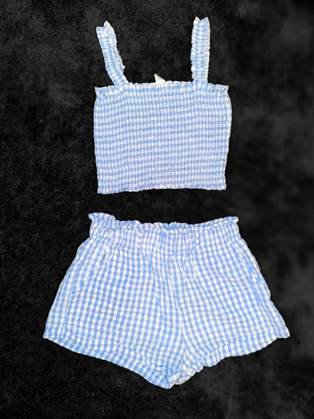 Blue White Gingham Smocked Top & Shorts Set Size Small/medium